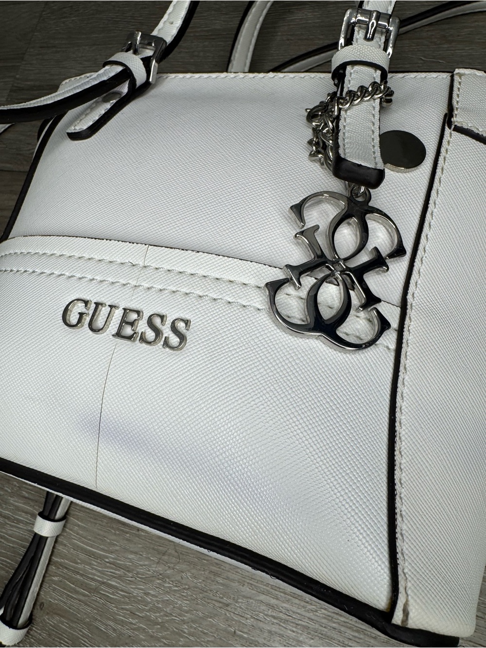 GUESS White Crossbody Satchel with Silver-Tone Logo Charm - Picture 3 of 10